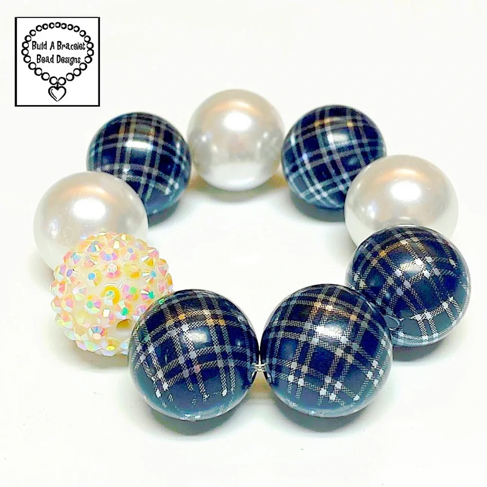 Handmade Girls Black Plaid & Pearl Bracelet Stretch Handmade Dressy Glam Jewelry